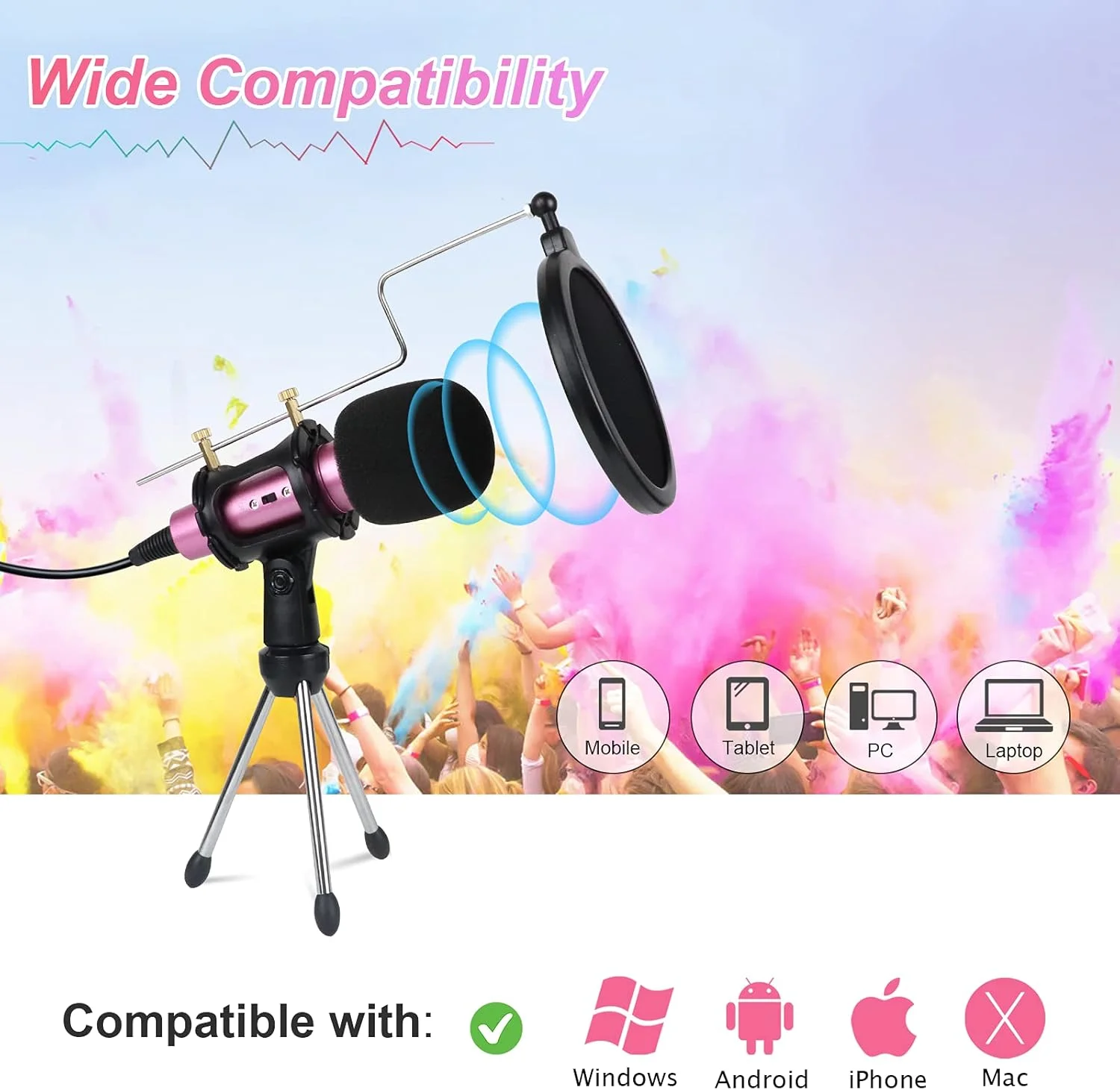 میکروفون تلفن، میکروفون کندانسور 3.5 میلی‌متری با پایه سه‌پایه و پاپ فیلتر برای ضبط موسیقی، پادکست، بازی، آواز، یوتیوب، اسکایپ برای تلفن‌ها، مک، کامپیوتر شخصی، لپ‌تاپ، دسکتاپ ویندوز (صورتی)