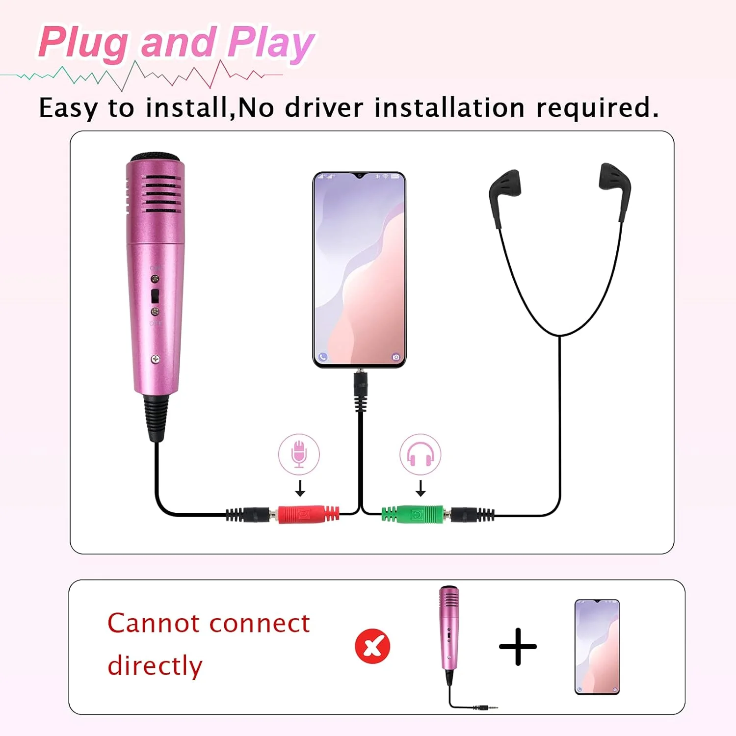 میکروفون تلفن، میکروفون کندانسور 3.5 میلی‌متری با پایه سه‌پایه و پاپ فیلتر برای ضبط موسیقی، پادکست، بازی، آواز، یوتیوب، اسکایپ برای تلفن‌ها، مک، کامپیوتر شخصی، لپ‌تاپ، دسکتاپ ویندوز (صورتی)