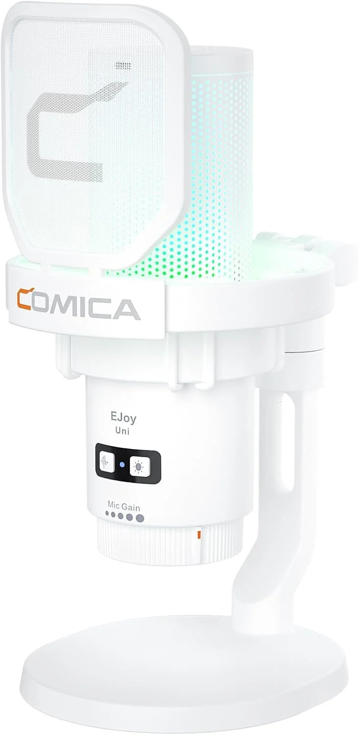 میکروفون گیمینگ USB یونی‌سکس Comica EJoy برای کامپیوتر با قابلیت کاهش نویز، مانیتور، کنترل گین، دکمه قطع صدا، میکروفون کاندنسر RGB برای استریم، پادکست، ضبط صدا، یوتیوب، کامپیوتر، مک، PS4، PS5 - سفید