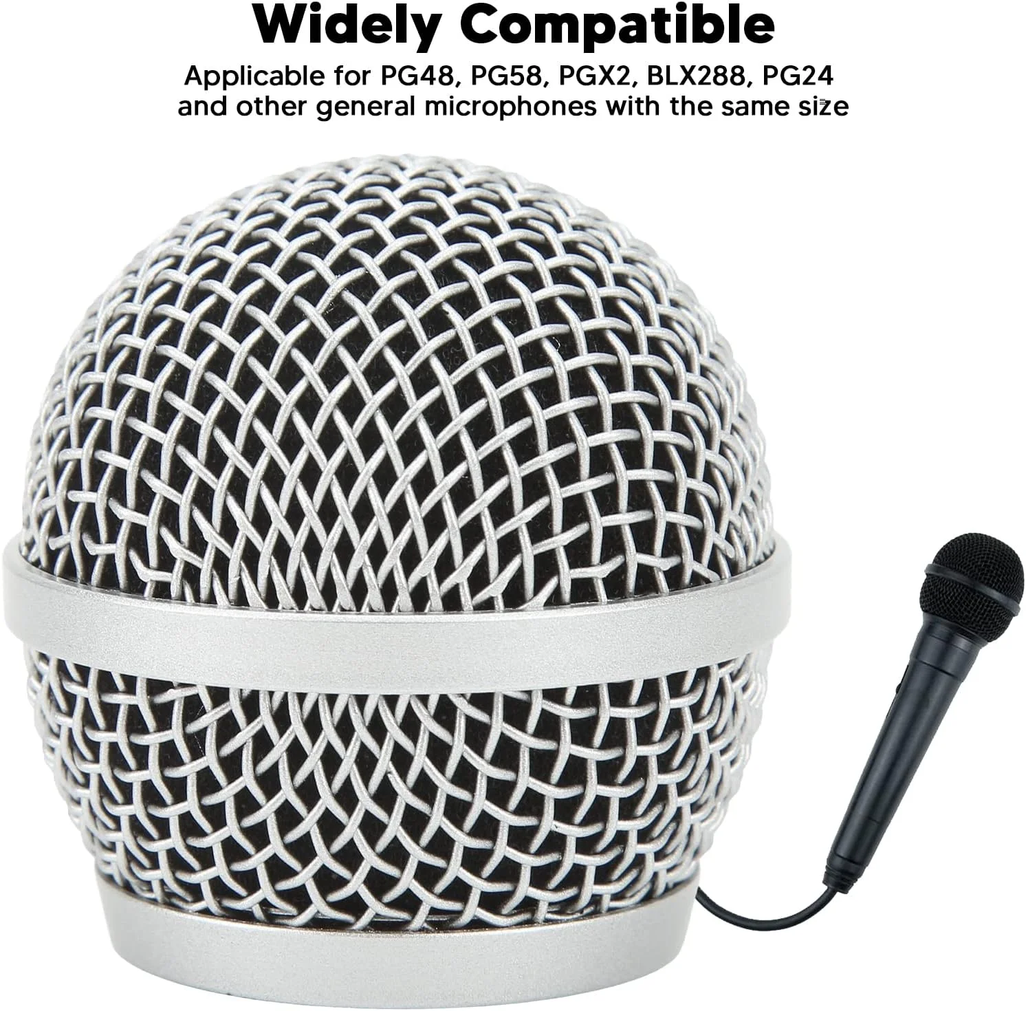 سر مشبک توپی میکروفون، جایگزین توری مشبک توپی میکروفون استیل ضد زنگ برای Shure PG48 PG58 PGX2 BLX288 PG24 و سایر میکروفون های عمومی، دارای فیلتر فوم داخلی، نقره ای