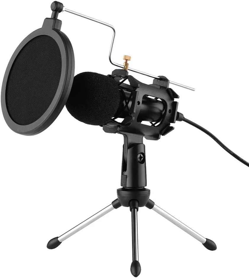 میکروفون، کیت میکروفون ویدئویی با سه پایه مینی میکروفون، لرزه گیر، پاپ فیلتر، محافظ باد، کابل آداپتور با پلاگین 3.5 میلی متری