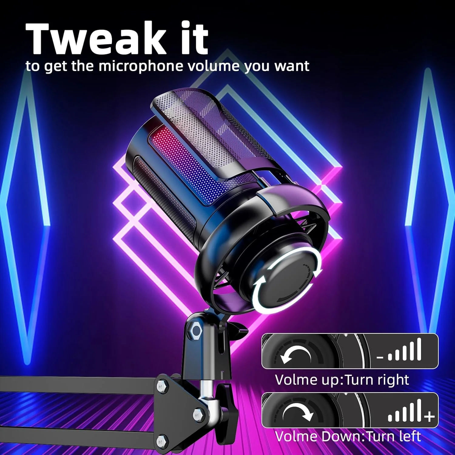 میکروفون USB گیمینگ برای کامپیوتر، کیت میکروفون پادکست برای استریمینگ، میکروفون کندانسور با قطع صدای سریع، بازوی بوم، فیلتر پاپ، نشانگر RGB، لرزه گیر، دکمه چرخش بهره، سازگار با PS4/5/PC