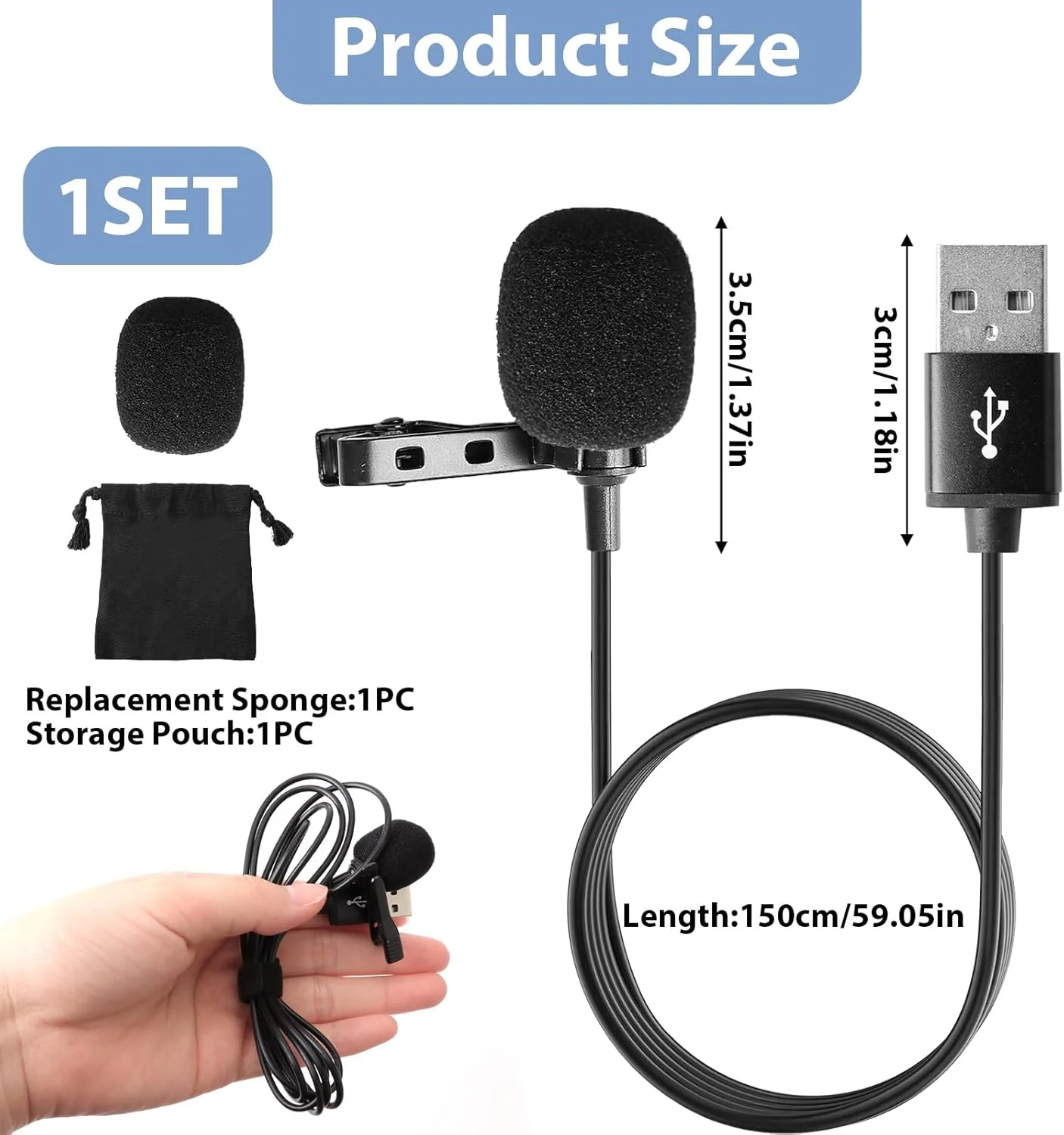 میکروفون یقه ای USB، میکروفون کندانسور همه جهته با سیم با جک 3.5 میلی متری Type C برای تلفن، کامپیوتر، مک، لپ تاپ، یوتیوب، اسکایپ، ضبط، پادکست، بازی