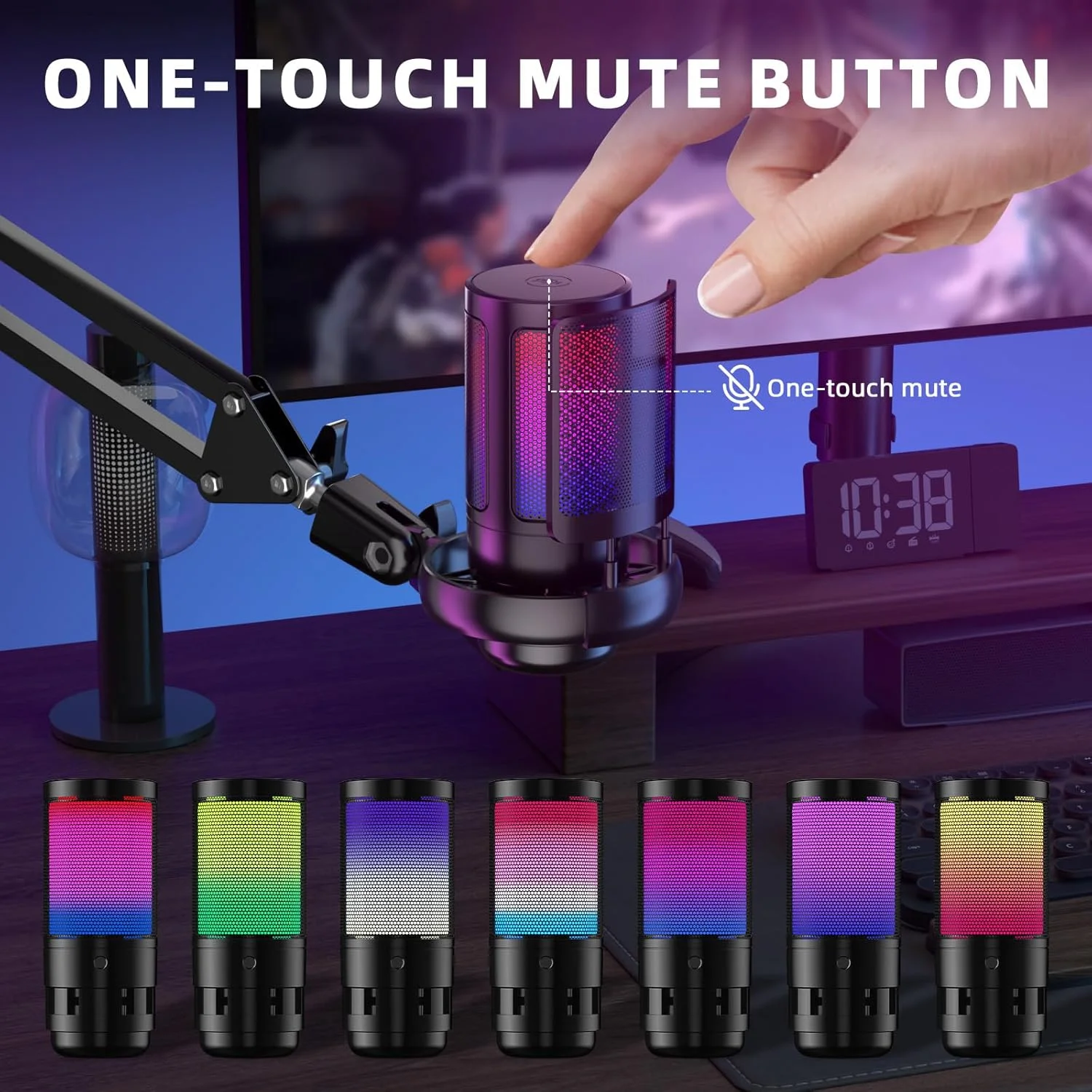 میکروفون USB گیمینگ برای کامپیوتر، کیت میکروفون پادکست برای استریمینگ، میکروفون کندانسور با قطع صدای سریع، بازوی بوم، فیلتر پاپ، نشانگر RGB، لرزه گیر، دکمه چرخش بهره، سازگار با PS4/5/PC