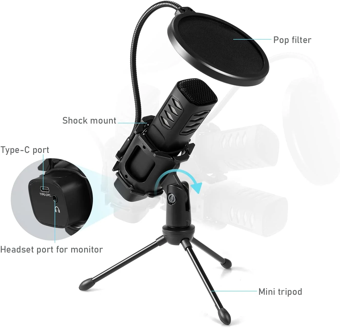 میکروفون USB، میکروفون کاندنسر کاردیوئید USB با پایه سه پایه، پاپ فیلتر و لرزه گیر، سازگار با کامپیوتر، لپ تاپ و تلفن هوشمند برای استریمینگ و پادکست