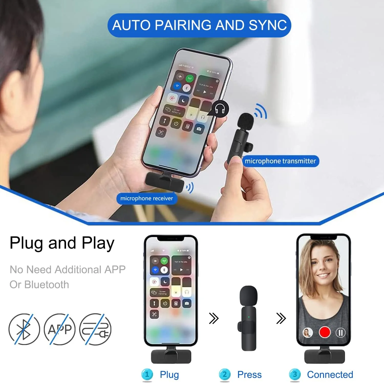 میکروفون موبایل برای آیفون/آیپد/اندروید/لپ تاپ، میکروفون یقه ای Plug & Play برای آیفون، میکروفون یقه ای بی سیم برای یوتیوب، پادکست، فیس بوک، ضبط ولاگ، بدون نیاز به نصب