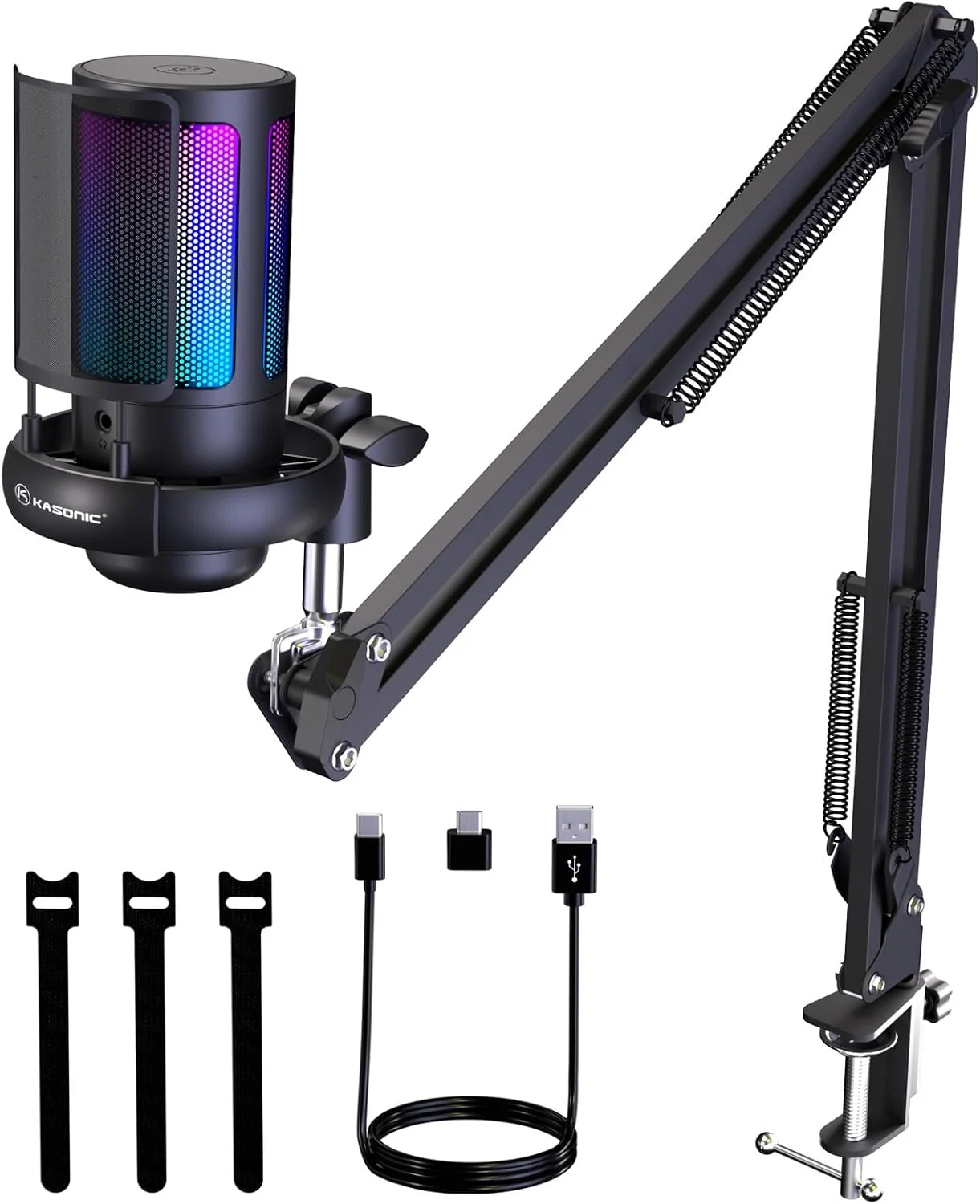 میکروفون گیمینگ RGB با بازویی میکروفون، میکروفون کاندنسر استودیویی برای کامپیوتر، میکروفون USB با محافظ پاپ، کنترل گین برای ضبط پادکست، کیت میکروفون استریمینگ برای PS4/5