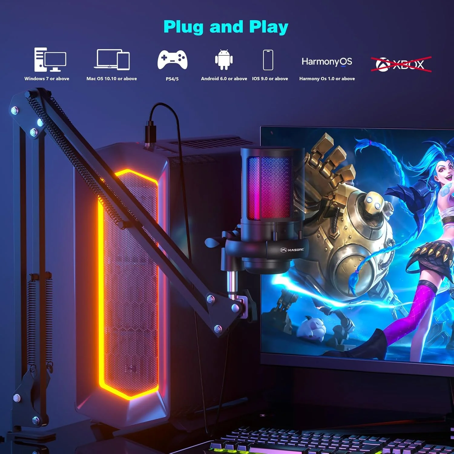 میکروفون گیمینگ RGB با بازویی میکروفون، میکروفون کاندنسر استودیویی برای کامپیوتر، میکروفون USB با محافظ پاپ، کنترل گین برای ضبط پادکست، کیت میکروفون استریمینگ برای PS4/5