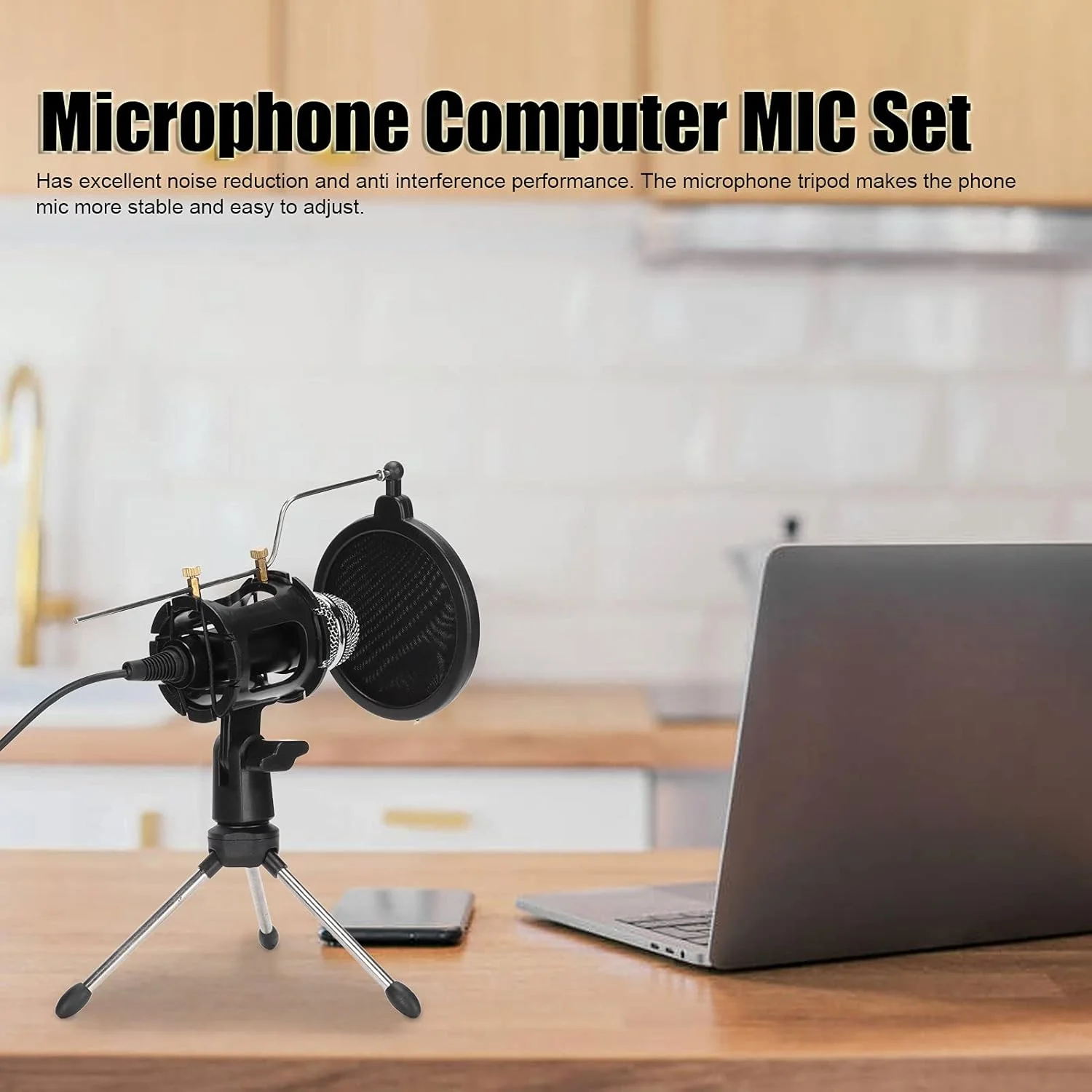 میکروفون با سه پایه، میکروفون ضبط کاندنسر با پلاگ 3.5 میلی متری، میکروفون کامپیوتر + سه پایه تاشو + مجموعه براکت ضد ضربه برای کارائوکه، بازی، پادکست و کنفرانس ویدیویی