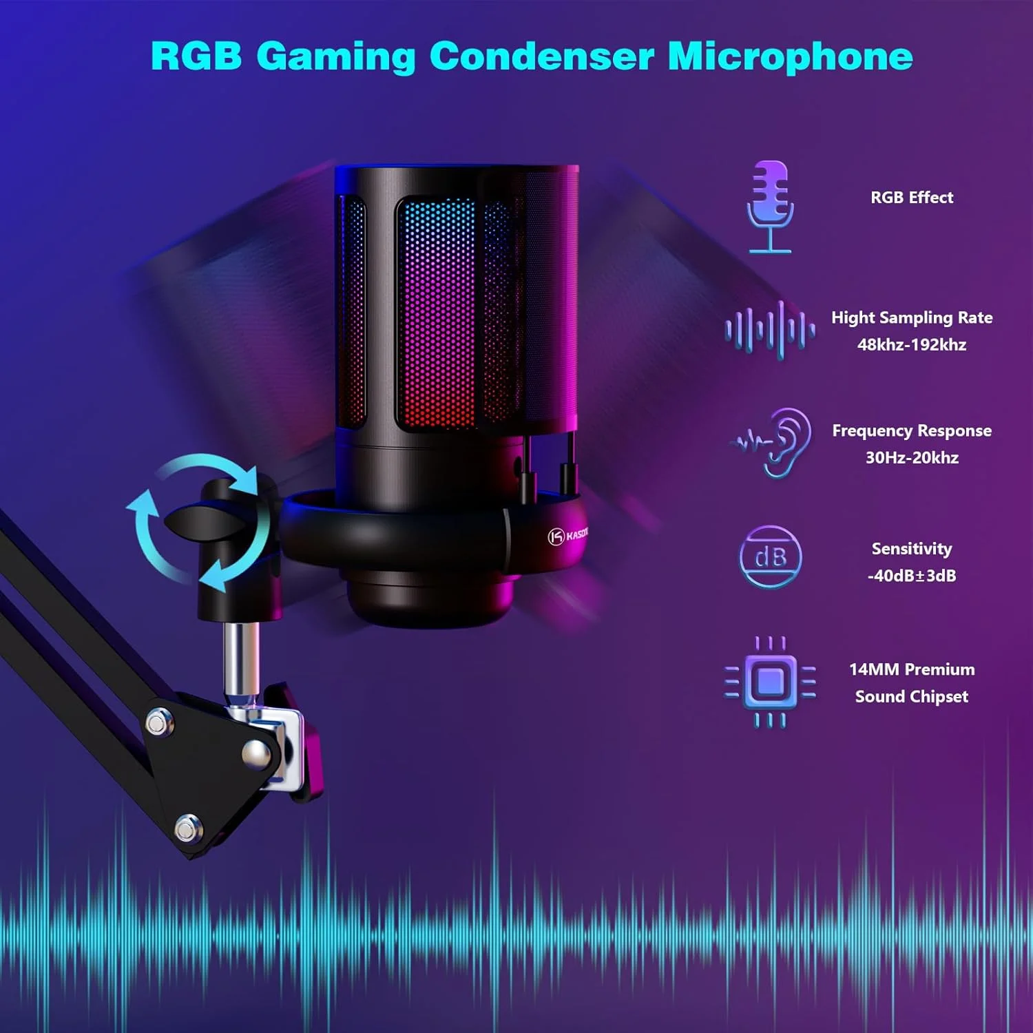 میکروفون گیمینگ RGB با بازویی میکروفون، میکروفون کاندنسر استودیویی برای کامپیوتر، میکروفون USB با محافظ پاپ، کنترل گین برای ضبط پادکست، کیت میکروفون استریمینگ برای PS4/5