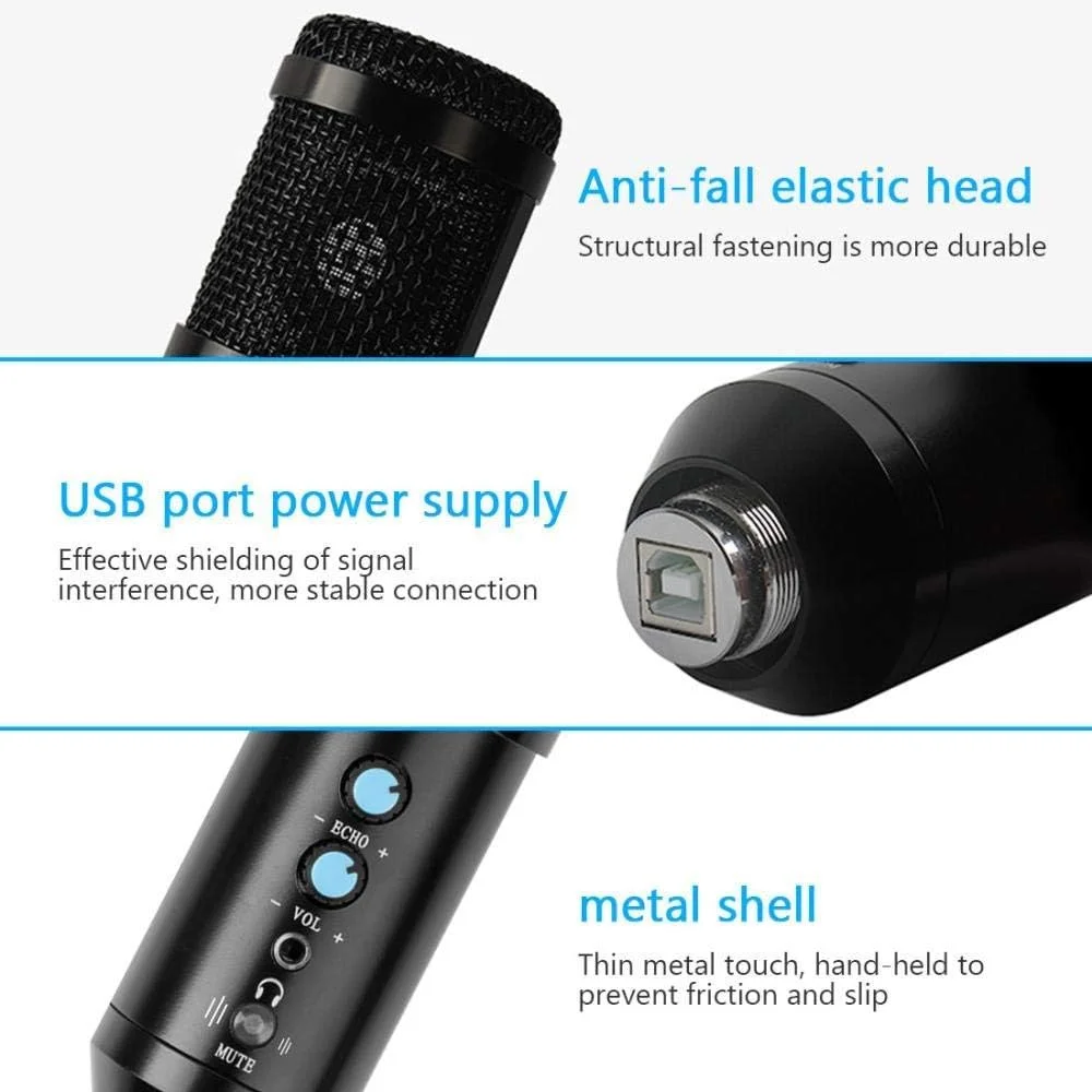 میکروفون USB کاندنسر میکروفون حرفه ای ضبط صدا میکروفون کارائوکه 3.5 میلی متری برای لپ تاپ با پایه