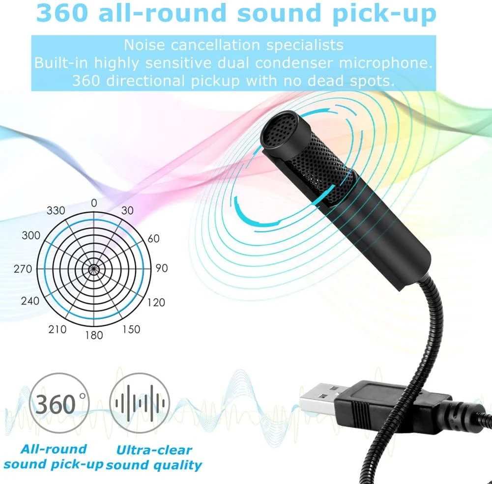 میکروفون سیم دار دوگانه کندانسور گردن غازی مینی ضبط میکروفون کندانسور رابط USB با پنبه ضد اسپری و دستورالعمل