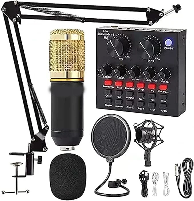 مجموعه میکروفون کاندنسر BM-800 به همراه کارت صدای زنده، بازوی قیچی نگهدارنده میکروفون قابل تنظیم، لرزه گیر فلزی و فیلتر پاپ دولایه برای ضبط استودیویی و پخش