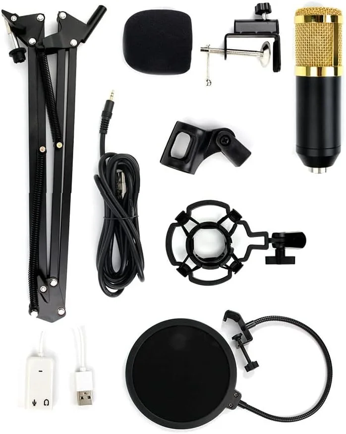 کیت میکروفون کاندنسر BM-800 با بازوی قیچی تعلیق قابل تنظیم، لرزه گیر فلزی و فیلتر پاپ دولایه برای ضبط استودیویی و پخش (مشکی + طلایی)
