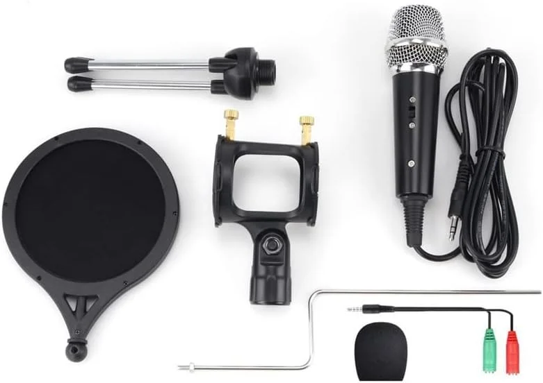 کیت میکروفون کاندنسر با بازوی قیچی‌دار قابل تنظیم، لرزه‌گیر فلزی و پاپ فیلتر دولایه برای ضبط استودیویی و پخش