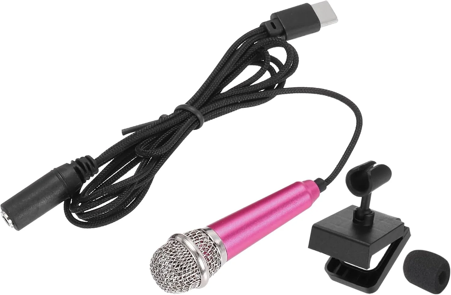 میکروفون مینیاتوری MECCANIXITY، میکروفون کوچک نوع C با براکت و روکش اسفنجی برای ضبط صدا، صورتی