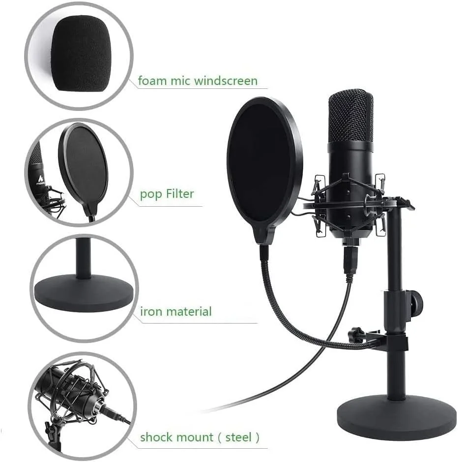 میکروفون USB استریمینگ پادکست MARGOUN، میکروفون کاندنسر کاردیوئید استودیویی حرفه ای ۱۹۲ کیلوهرتز/۲۴ بیت به همراه کارت صدا، بازوی بوم، لرزه گیر و پاپ فیلتر، مناسب برای اسکایپ، یوتیوبر، کارائوکه، بازی و ضبط