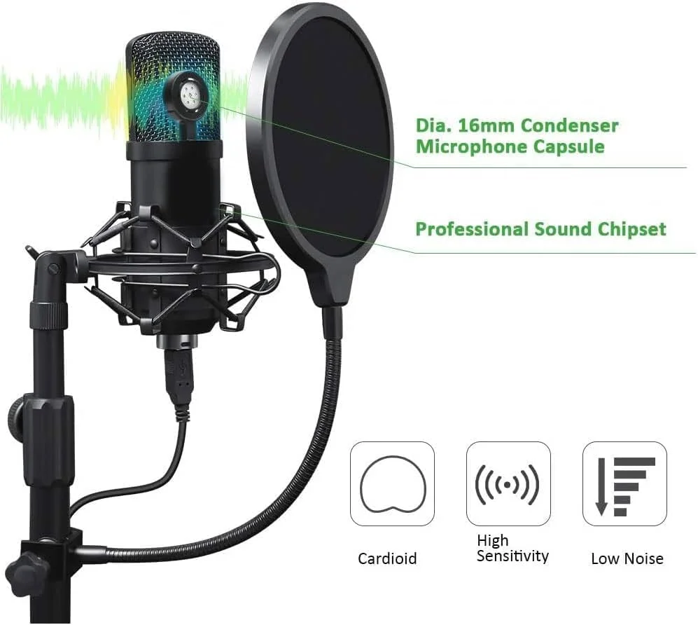 میکروفون USB استریمینگ پادکست MARGOUN، میکروفون کاندنسر کاردیوئید استودیویی حرفه ای ۱۹۲ کیلوهرتز/۲۴ بیت به همراه کارت صدا، بازوی بوم، لرزه گیر و پاپ فیلتر، مناسب برای اسکایپ، یوتیوبر، کارائوکه، بازی و ضبط