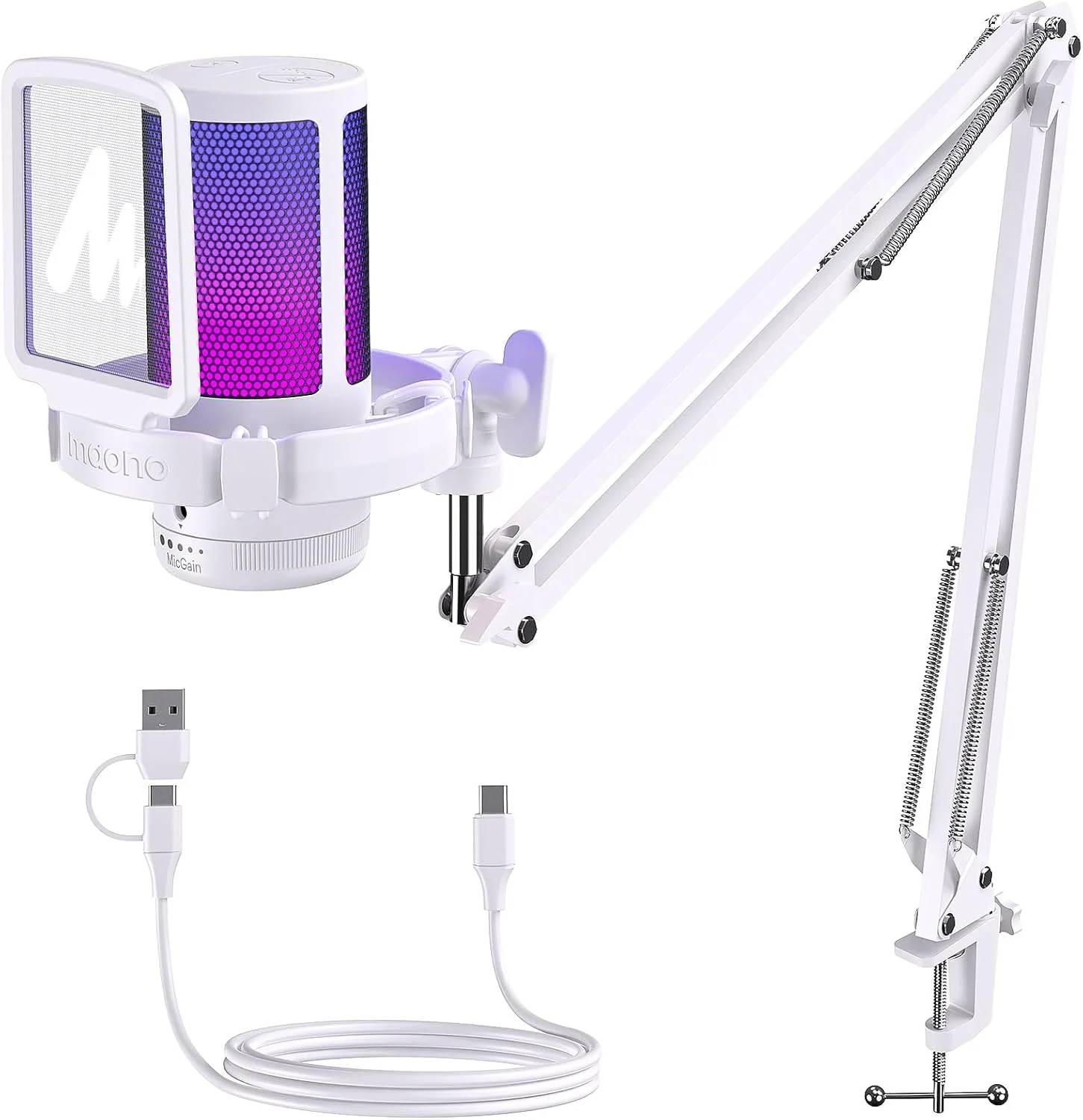 میکروفون گیمینگ MAONO، میکروفون USB با نور RGB، حذف نویز، کنترل صدا، بازوی بوم، پاپ فیلتر برای MAC PS4 PS5، DGM20S