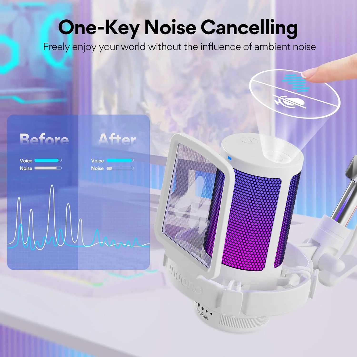 میکروفون گیمینگ MAONO، میکروفون USB با نور RGB، حذف نویز، کنترل صدا، بازوی بوم، پاپ فیلتر برای MAC PS4 PS5، DGM20S