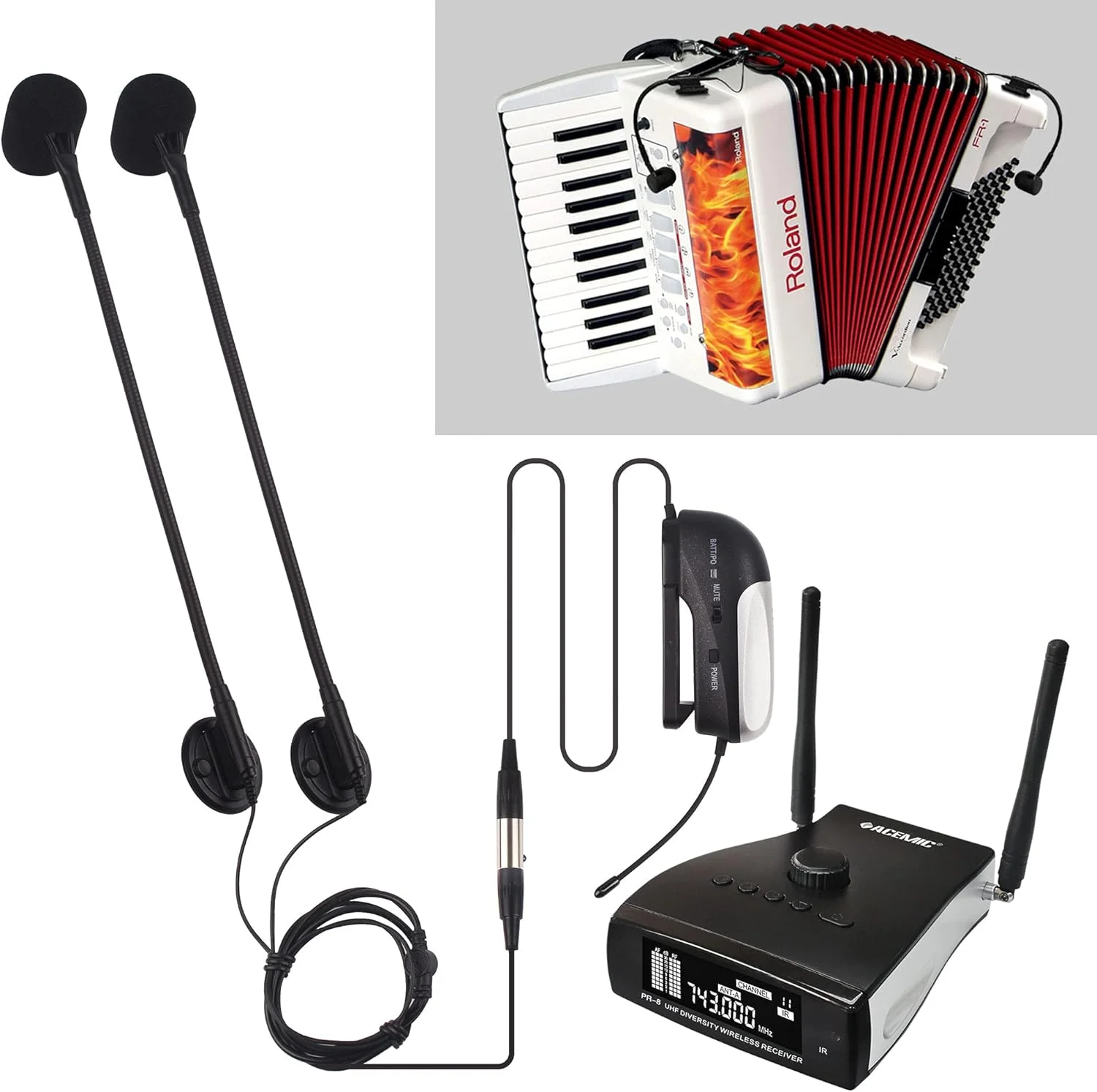 پیکاپ آکاردئون پیانویی AT-20 با میکروفون گردن غازی، گیرنده و فرستنده بی‌سیم سیستم میکروفون طراحی شده برای آکاردئون