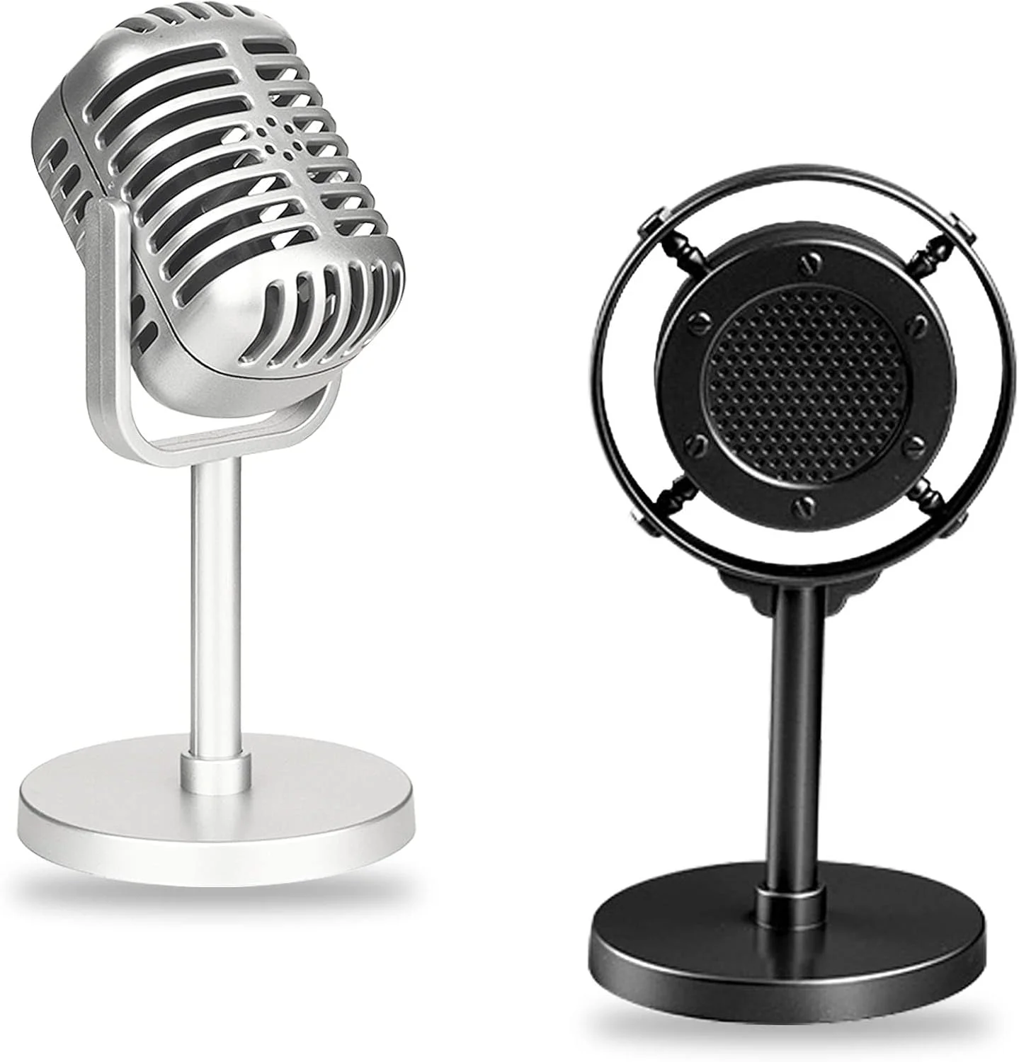 2 عدد میکروفون دکوری رترو، میکروفون اسباب بازی، دکور وینتیج، 2 مدل میکروفون پلاستیکی، میکروفون قدیمی، دکوراسیون مهمانی، لوازم عکاسی، پس زمینه عکاسی (نقره ای و مشکی)