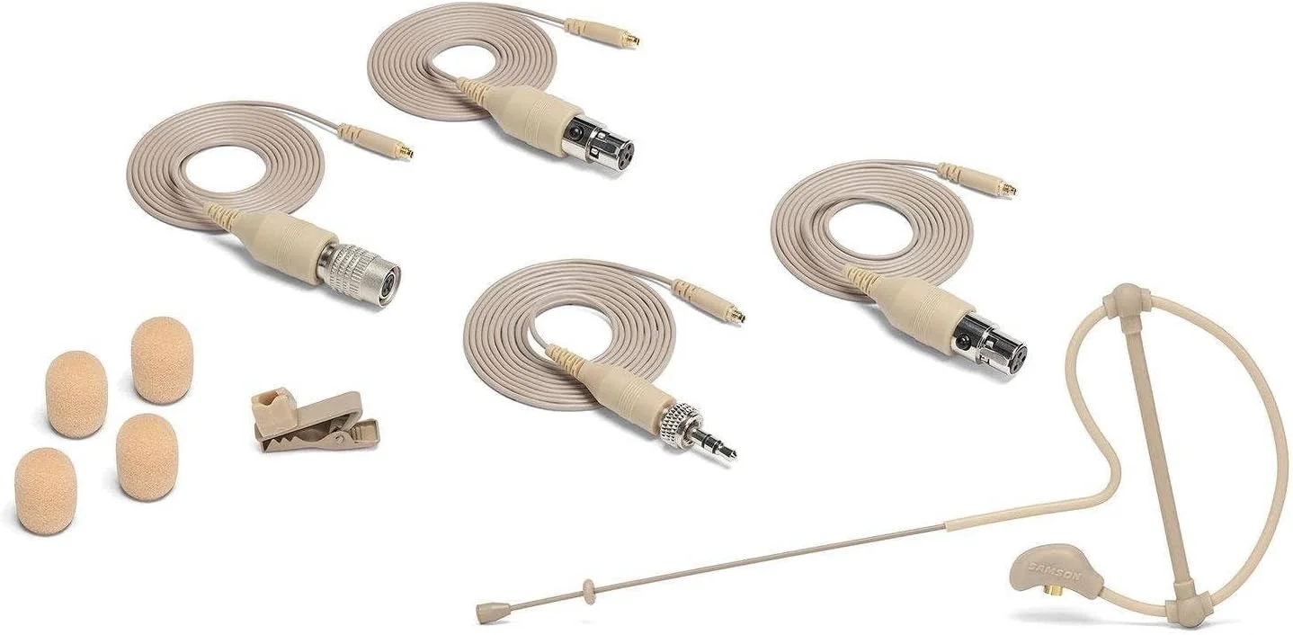 میکروفون هدست کم حاشیه Samson SE10x با کپسول کندانسور مینیاتوری و چهار کابل آداپتور سازگار با محبوب ترین سیستم های بی سیم (بژ) (SE10TX)