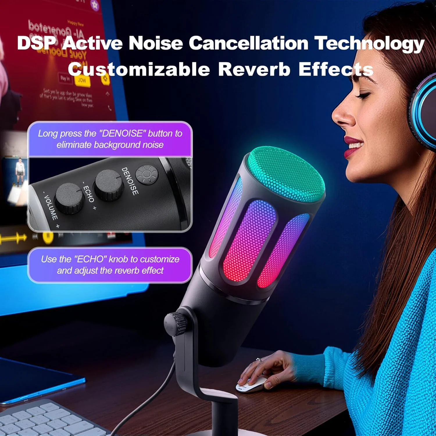 میکروفون USB کاندنسر گیمینگ برای PC، میکروفون استریمینگ کامپیوتر برای پادکست دسکتاپ، با افکت ریورب و قابلیت حذف نویز به همراه نور RGB