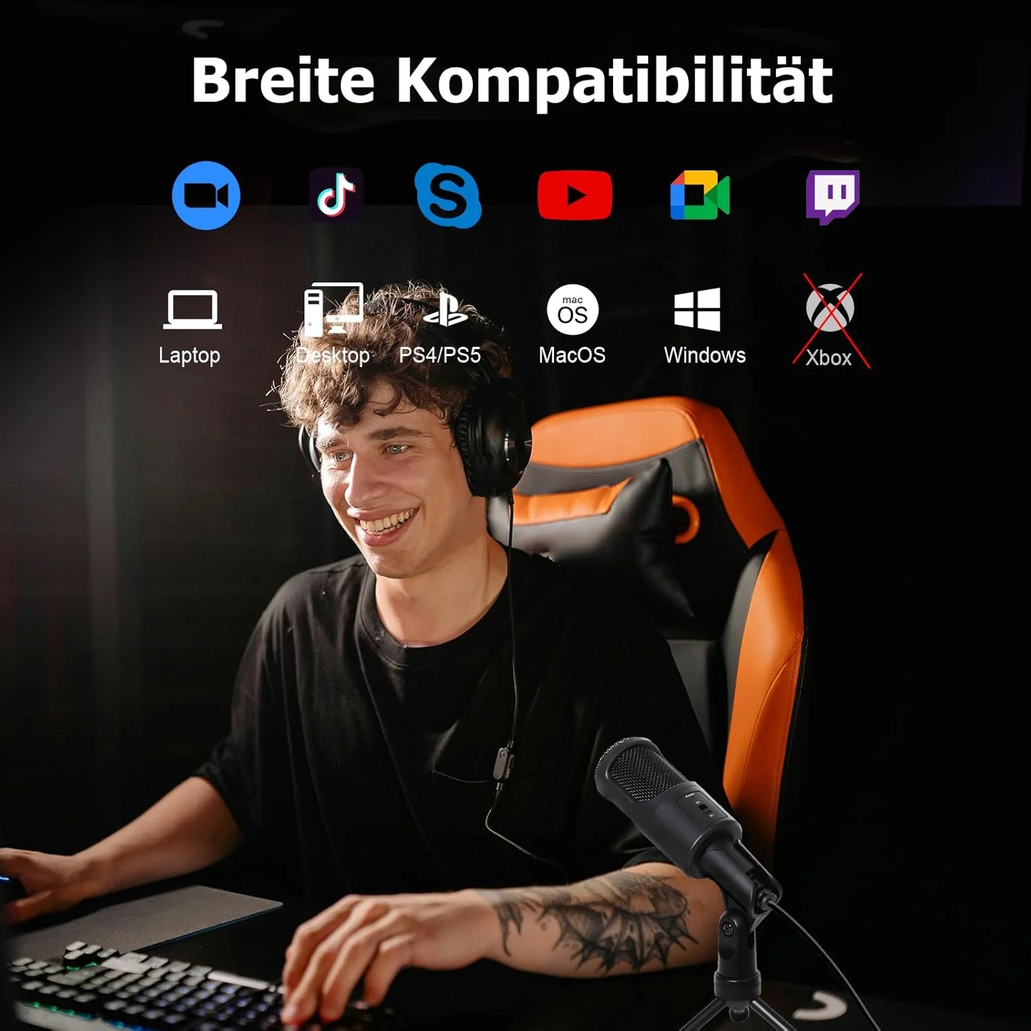 میکروفون USB برای کامپیوتر، لپ تاپ، میکروفون کاندنسر با سه پایه تاشو و دکمه قطع صدا برای استریم، بازی، پادکست، ضبط، چت، توییچ، یوتیوب، سازگار با macOS