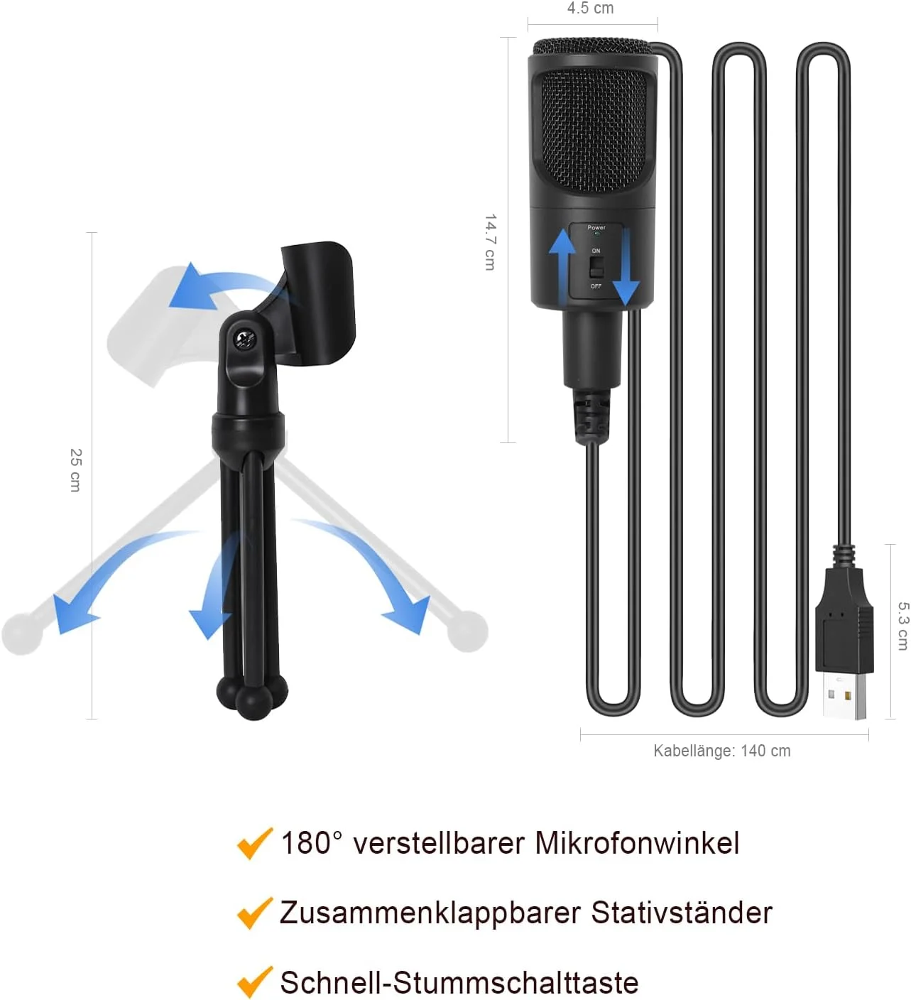 میکروفون USB برای کامپیوتر، لپ تاپ، میکروفون کاندنسر با سه پایه تاشو و دکمه قطع صدا برای استریم، بازی، پادکست، ضبط، چت، توییچ، یوتیوب، سازگار با macOS