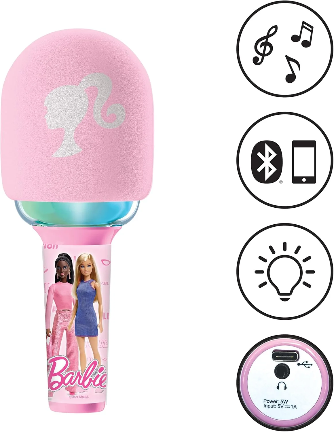 میکروفون بی‌سیم لکسی بوک، باربی، با بلندگو و چراغ، 4 تغییر دهنده صدا، جلوه‌های نوری چند رنگ، باتری قابل شارژ، MIC280BB