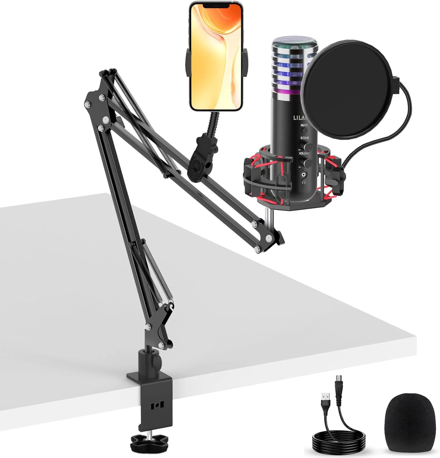 میکروفون USB کاندنسر برای PC PS4, PS5 استریم، خوانندگی، پادکست استودیو، کیت میکروفون کاردیوئید گیمینگ کامپیوتر برای ضبط یوتیوب با بازوی بوم، پاپ فیلتر، دکمه قطع صدا، ولوم، اکو