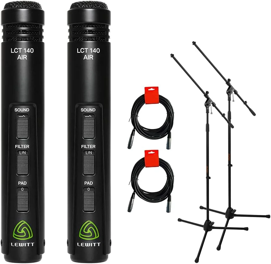 میکروفون استریو جفتی خازنی ساز Lewitt LCT 140 AIR با دیافراگم کوچک (جفت منطبق) به همراه 2 عدد پایه میکروفون سه پایه و 2 عدد کابل XLR-XLR