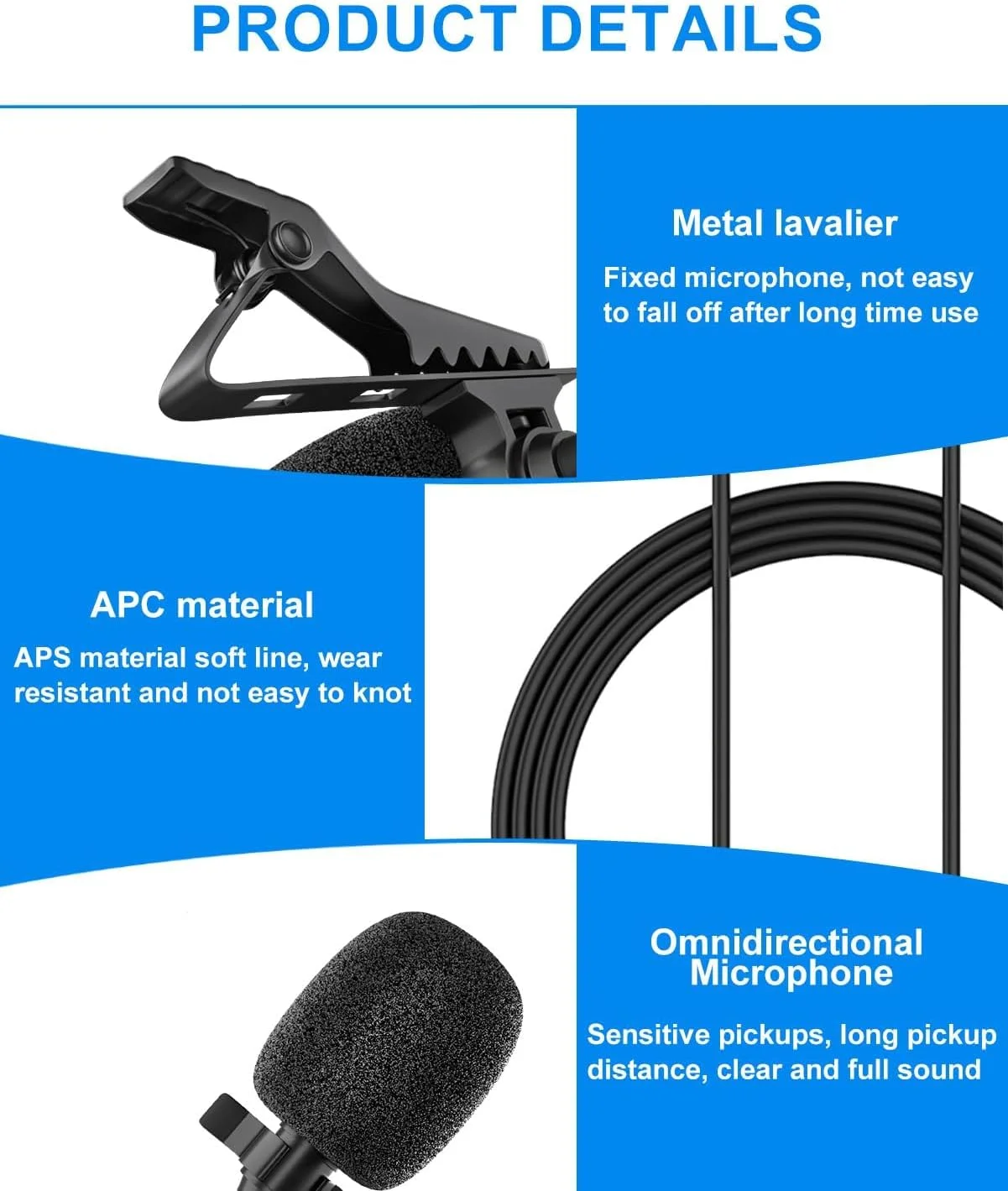 میکروفون یقه‌ای همه‌جانبه با سیم 1.5 متری و فیش 3.5 میلی‌متری، مناسب برای آیفون، اندروید، مصاحبه، پادکست، کنفرانس ویدیویی و یادداشت‌های صوتی