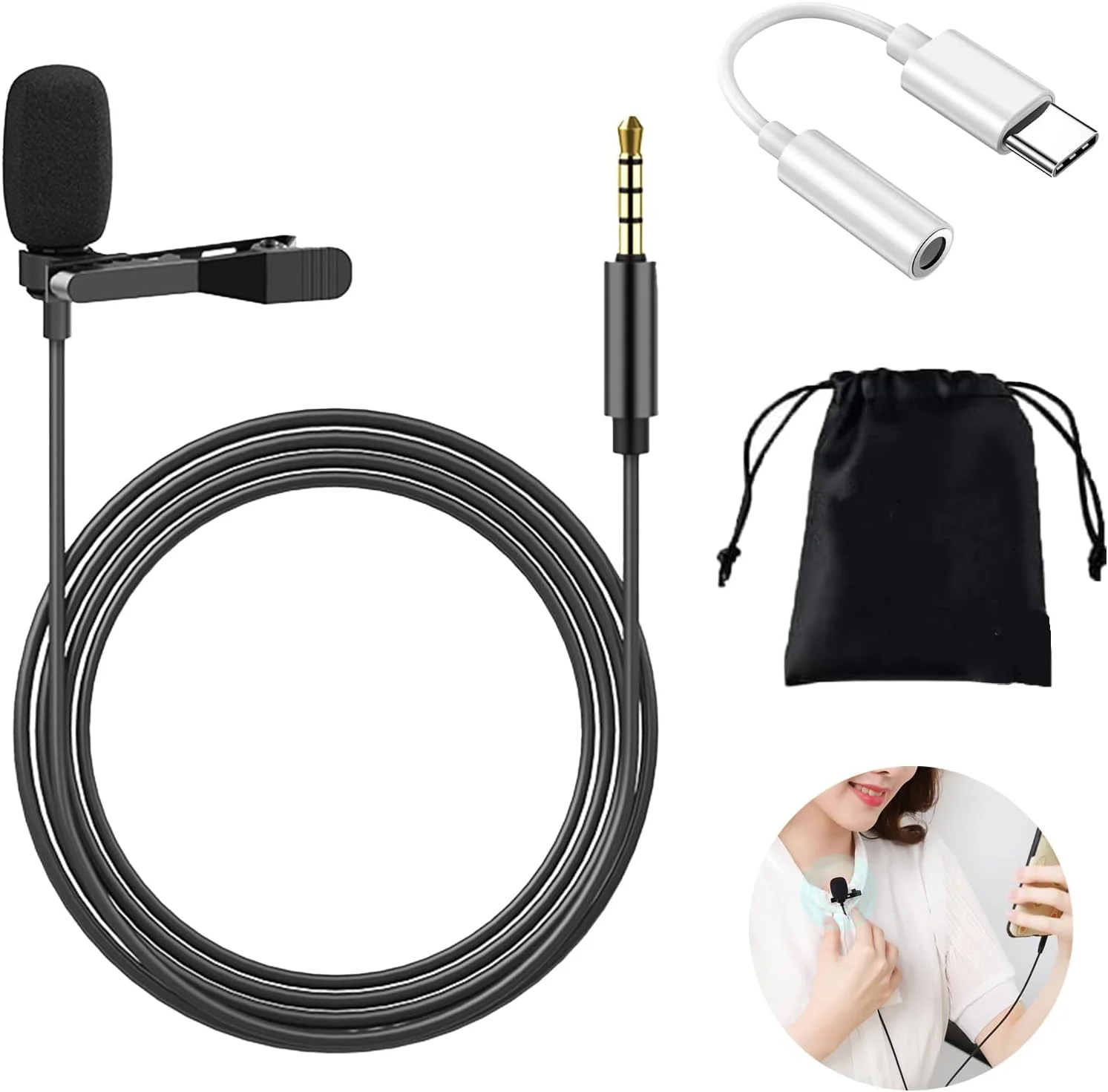 میکروفون یقه‌ای، میکروفون کندانسور اومنی‌دایرکشنال گیره‌ای با آداپتور Type-C و 3.5 میلی‌متری، میکروفون حذف نویز برای تلفن، کامپیوتر، دوربین DSLR، لپ‌تاپ - ایده‌آل برای ضبط، مصاحبه، بازی و پادکست