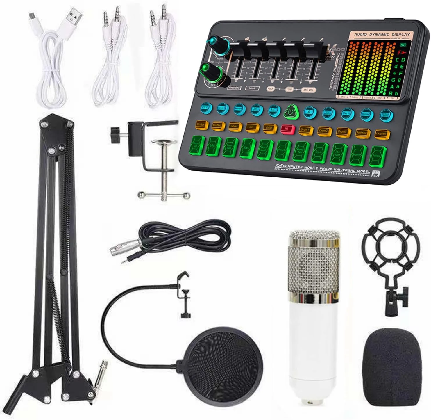 کیت میکروفون کندانسور پخش استودیویی Labymos مدل SK500 به همراه کارت صدای چند منظوره و میکروفون معلق BM800 به همراه دستگاه تغییر صدای هوشمند و میکسر مناسب کامپیوتر و موبایل