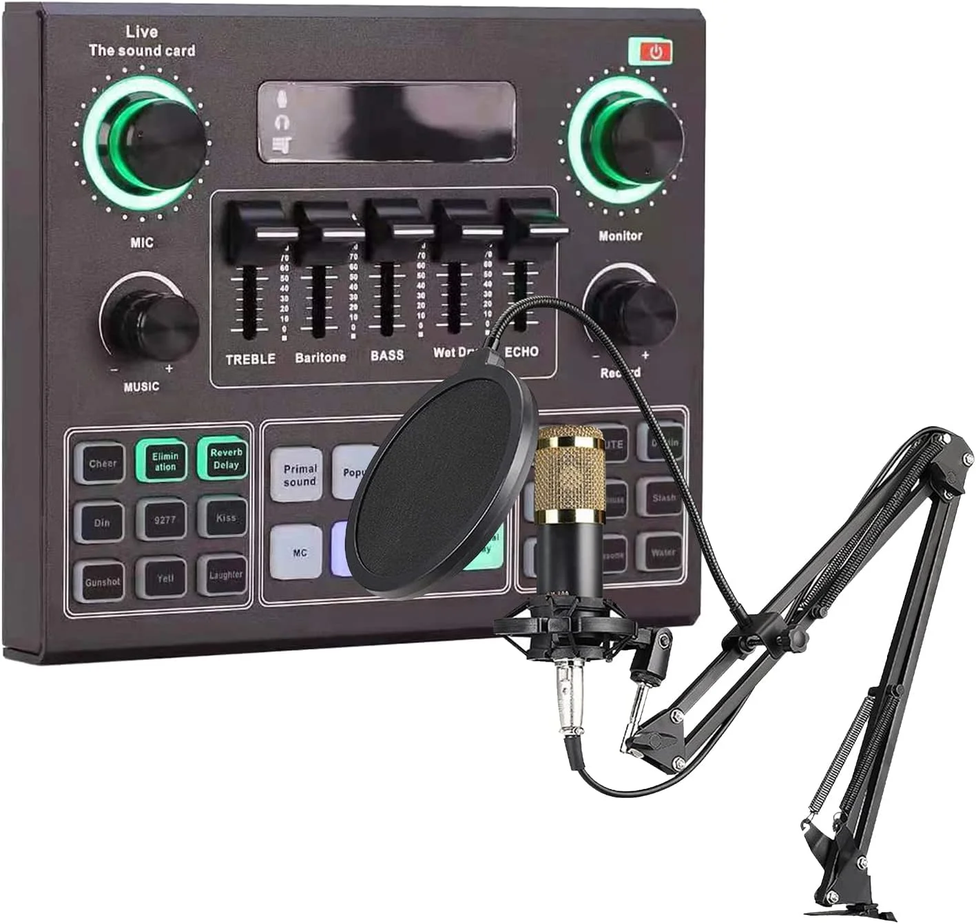 بسته تجهیزات پادکست Labymos شامل میکروفون کاندنسر کاردیوئید و کارت صدای زنده BT با پایه بازویی قیچی‌دار قابل تنظیم، لرزه‌گیر و پاپ فیلتر برای استودیو پخش زنده