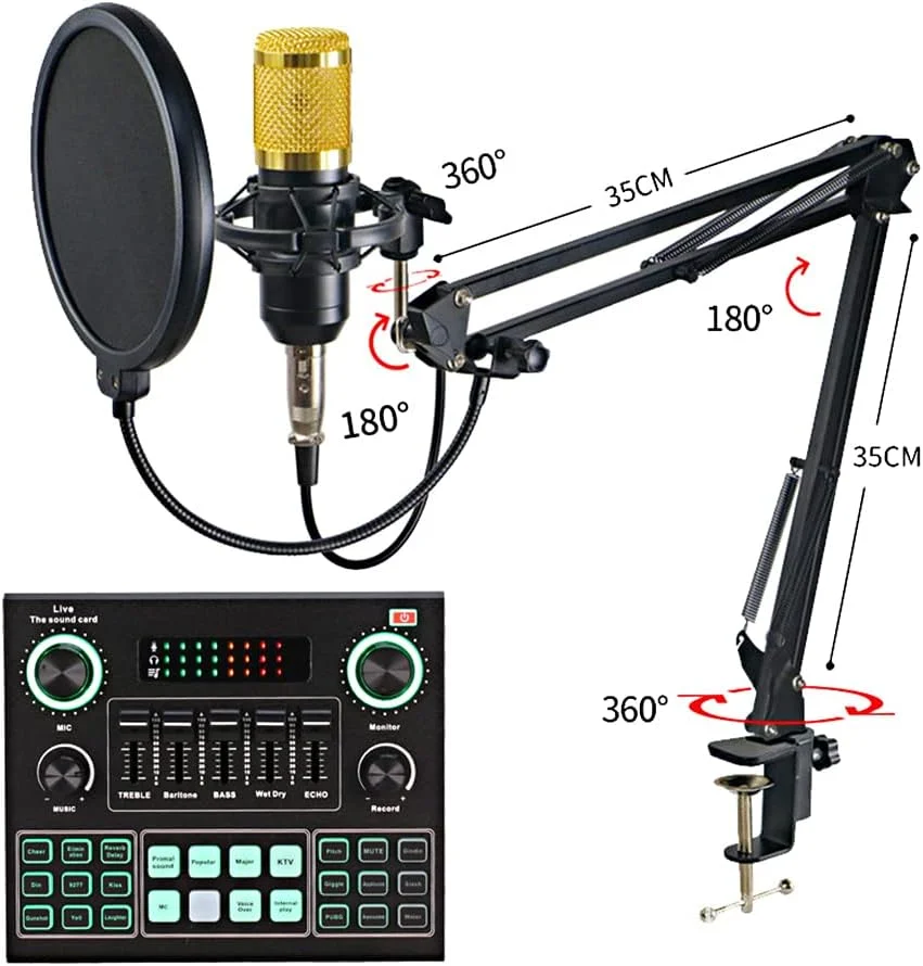 بسته تجهیزات پادکست Labymos شامل میکروفون کاندنسر کاردیوئید و کارت صدای زنده BT با پایه بازویی قیچی‌دار قابل تنظیم، لرزه‌گیر و پاپ فیلتر برای استودیو پخش زنده