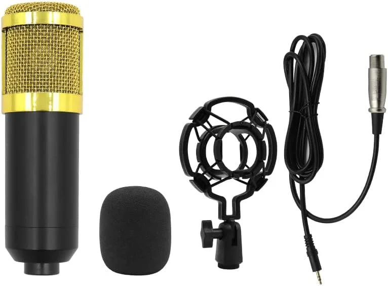 میکروفون کاندنسر Labymos BM800 + کارت صدای V8، پایه نگهدارنده کامپیوتر، دیافراگم بزرگ، مناسب برای پخش زنده، مدل BM800 تک میکروفون پلاستیکی (توری طلایی)