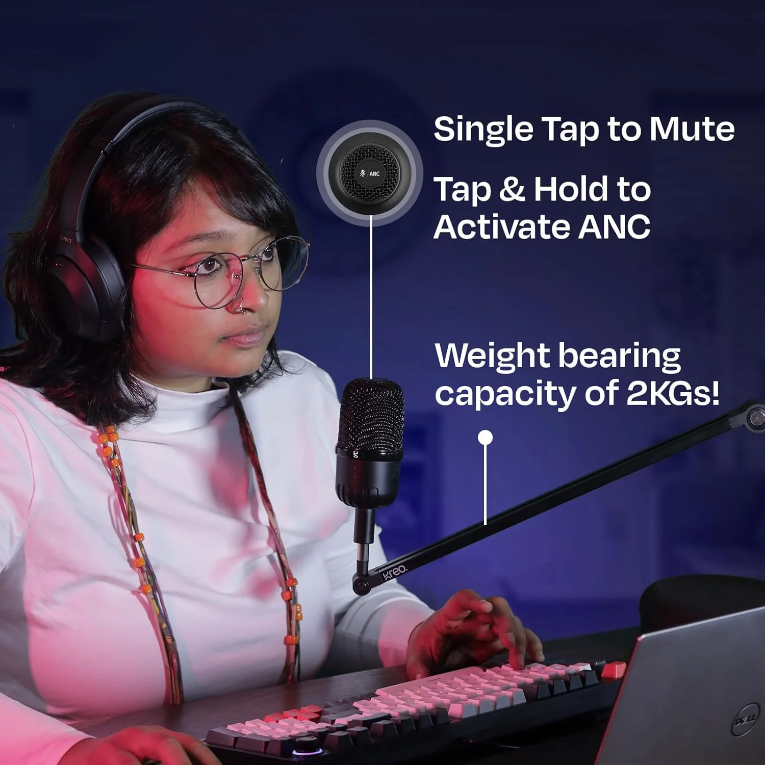 کیت میکروفون کاندنسر پریمیوم Kreo Rec با میله: مناسب پادکست، استریم، تماس های زوم، بازی، ضبط استودیویی | میله آلومینیومی قوی، قطع صدای تک لمسی، پایه رومیزی و بازوی بوم | اتصال آسان: USB Type A & C