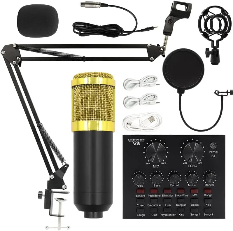 میکروفون کاندنسر Labymos BM800 + کارت صدای V8، پایه نگهدارنده میکروفون مناسب کامپیوتر، دیافراگم بزرگ، مناسب برای پخش زنده، BM800 تک میکروفون پلاستیکی (توری طلایی)