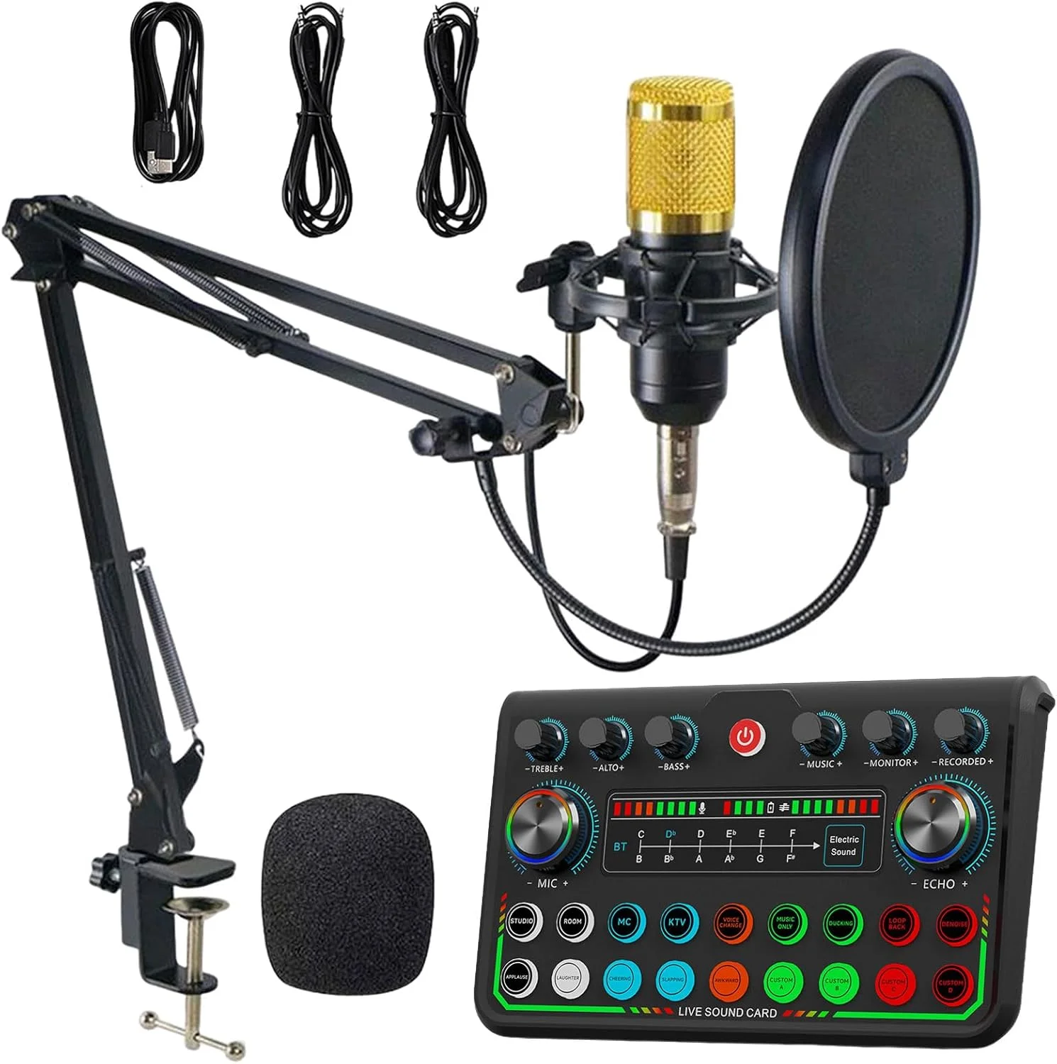 مجموعه تجهیزات پادکست، BM800 کندانسور، کارت صدا با بازوی میکروفون، کارت صدا، 5 حالت صدا و میکسر DJ مناسب برای ضبط، بازی، پخش و استریم (سازگار با کامپیوتر/لپ تاپ/تلفن)