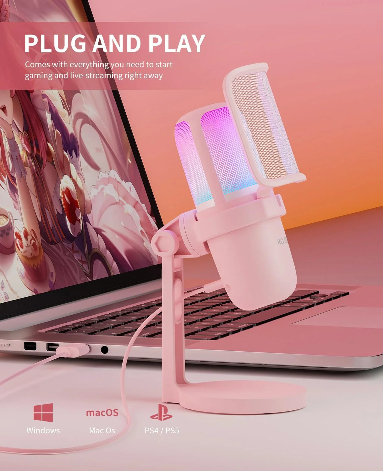 میکروفون USB کامپیوتر Ko-Star، میکروفون کوچک صورتی برای PS4/PS5/Mac، میکروفون کاندنسر استریمینگ با RGB، فیلتر پاپ و لرزه گیر برای ضبط و پادکست