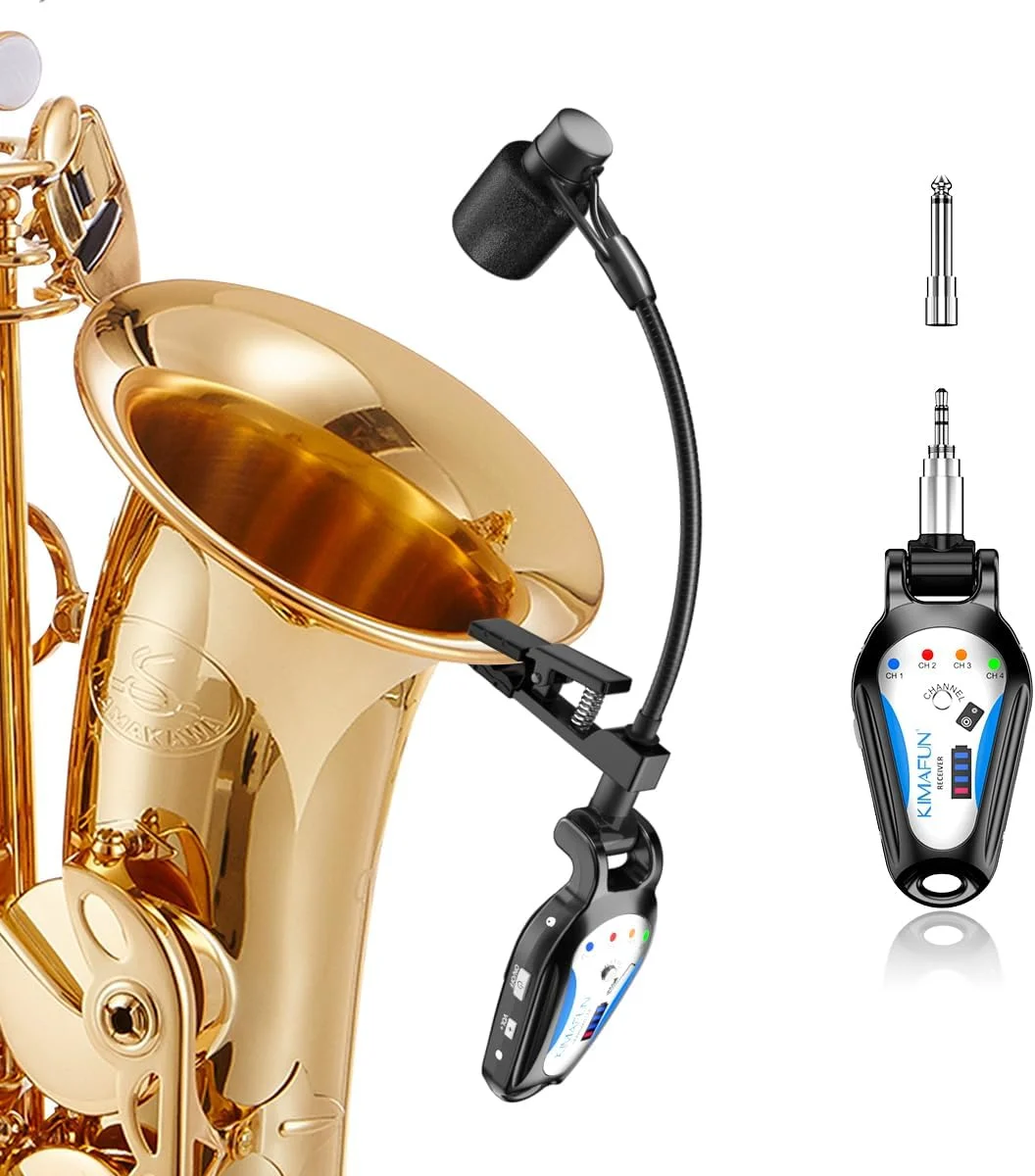 میکروفون بی سیم ساکسیفون KIMAFUN 2.4G، میکروفون گیره ای ساز، برد 30 متر، اتصال آسان، فرستنده و گیرنده بی سیم برای ساکسیفون، هورن فرانسوی، ترومپت، ترومبون، G120