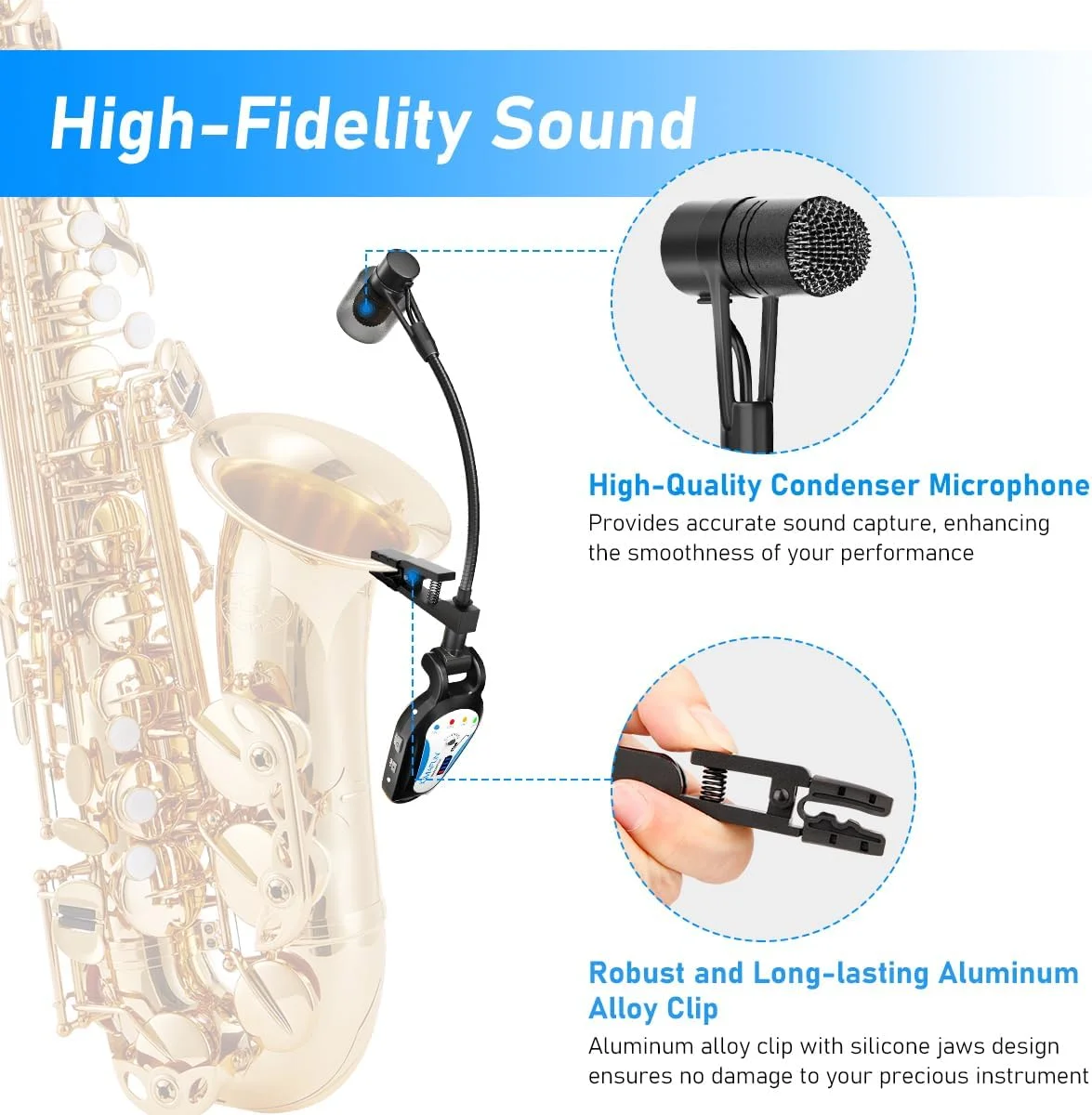 میکروفون بی سیم ساکسیفون KIMAFUN 2.4G، میکروفون گیره ای ساز، برد 30 متر، اتصال آسان، فرستنده و گیرنده بی سیم برای ساکسیفون، هورن فرانسوی، ترومپت، ترومبون، G120