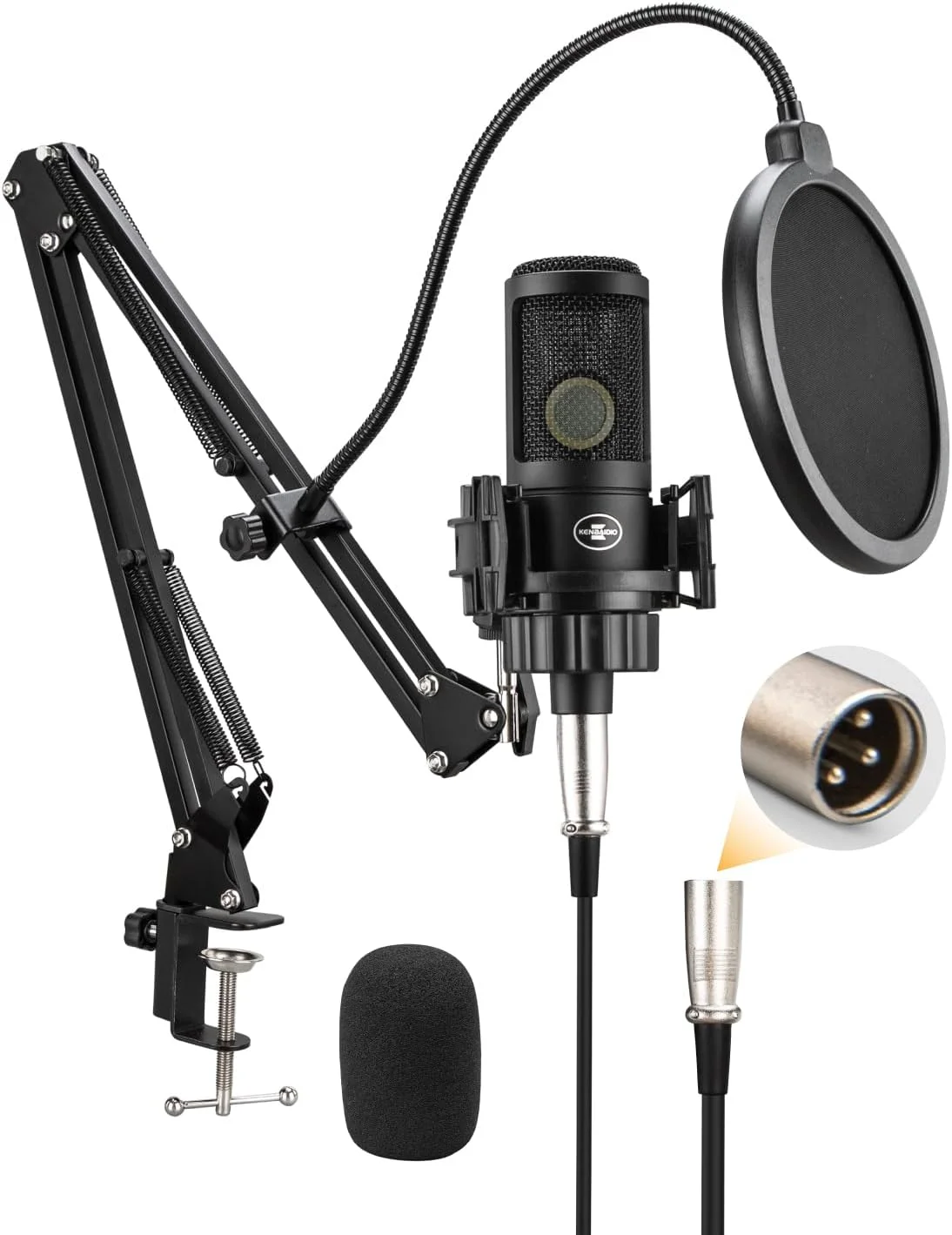 میکروفون XLR پادکست، میکروفون استودیویی حرفه ای کاردیوئید با دیافراگم بزرگ 26 میلی متری برای ضبط، استریم، بازی، ASMR، کیت میکروفون کامپیوتر PC با بازوی بوم و پاپ فیلتر