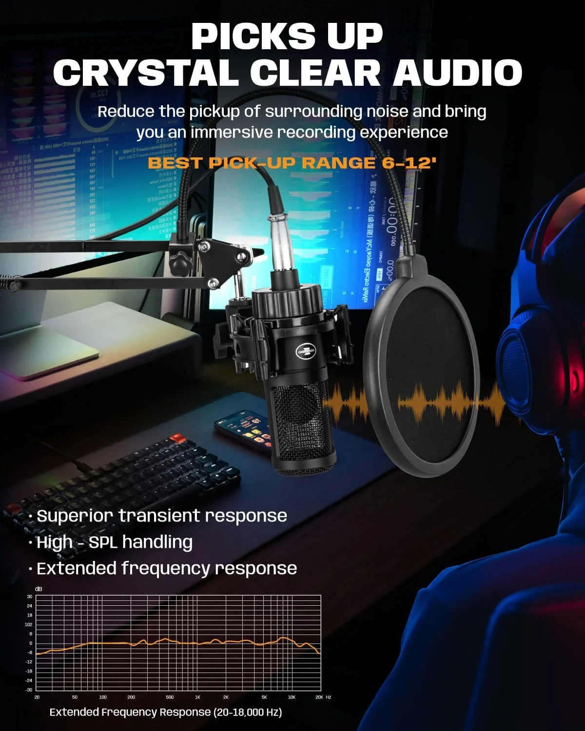 میکروفون XLR پادکست، میکروفون استودیویی حرفه ای کاردیوئید با دیافراگم بزرگ 26 میلی متری برای ضبط، استریم، بازی، ASMR، کیت میکروفون کامپیوتر PC با بازوی بوم و پاپ فیلتر