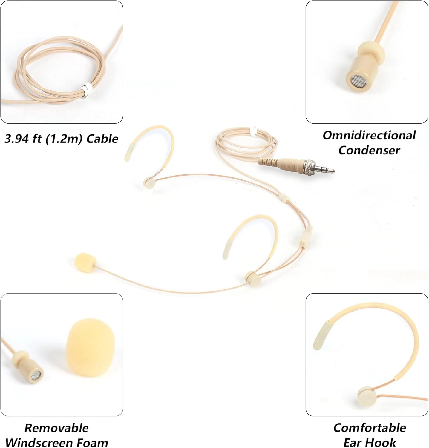 میکروفون هِدسِت بژ، میکروفون دو گوشی، میکروفون هِدسِت کاندنسر برای سیستم های بی سیم میکروفون ، ایده آل برای سخنرانی ها، بازیگران، تئاتر، پادکست ها