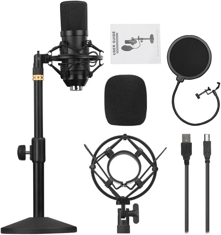 میکروفون کاندنسر USB جیوزبی‌ام برای کامپیوتر، کیت میکروفون کاردیوئید HI FI با میله افزایش طول و پاپ فیلتر برای استودیوی ضبط پادکست