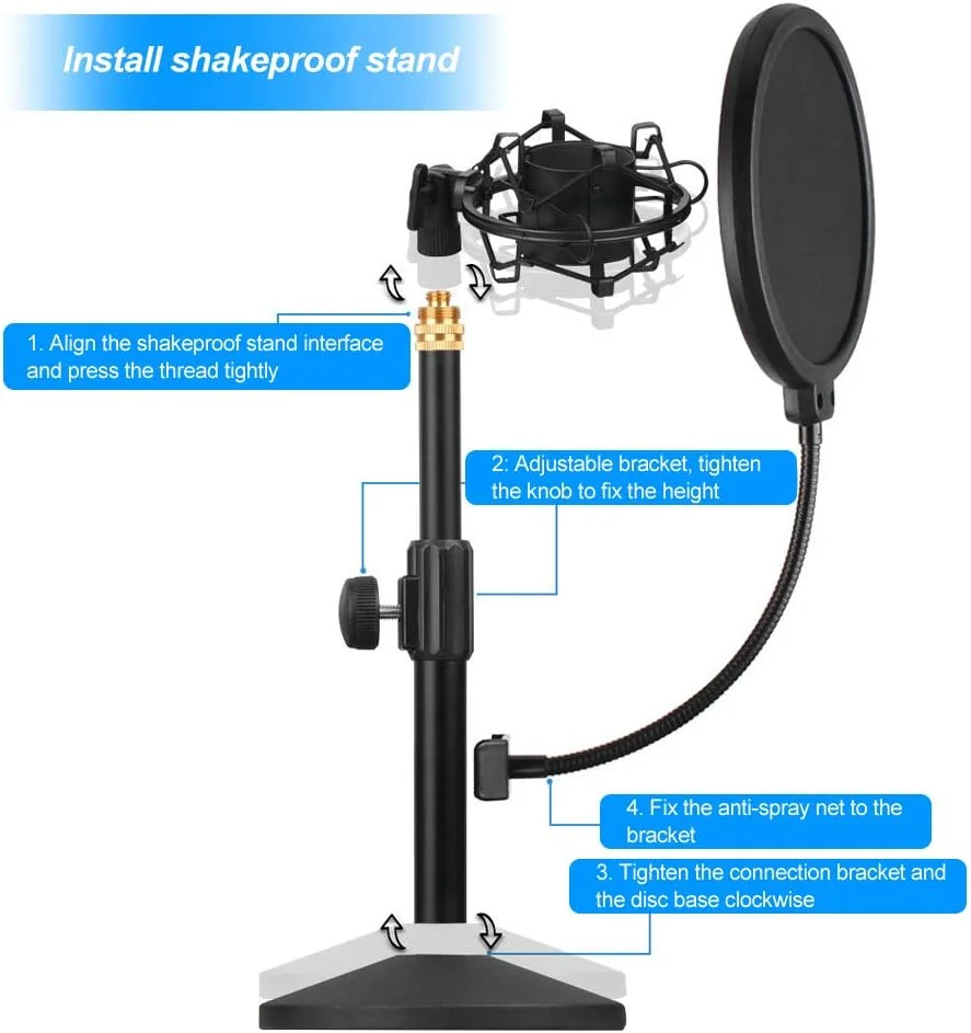 میکروفون کاندنسر USB جیوزبی‌ام برای کامپیوتر، کیت میکروفون کاردیوئید HI FI با میله افزایش طول و پاپ فیلتر برای استودیوی ضبط پادکست